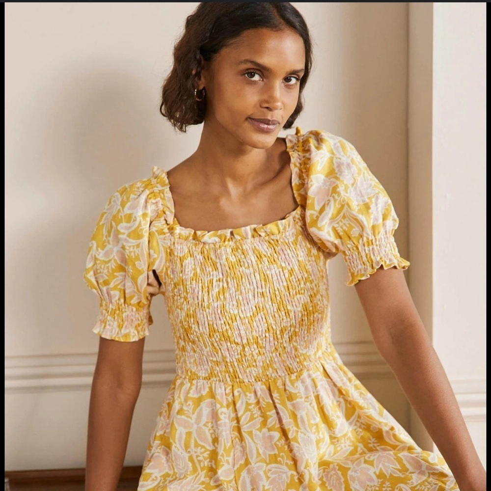 Boden Smocked Floral Linen Midi Dress